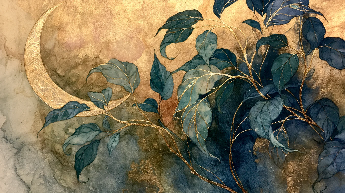 A still gold-and-indigo watercolour of a fine sprig of leaves beside a pale crescent moon.