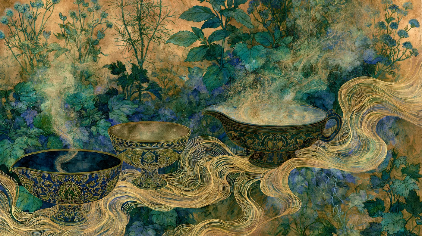 An antique gold-and-indigo illustration of three ornate bowls, one steaming, set among swirling gold lines and herbs.