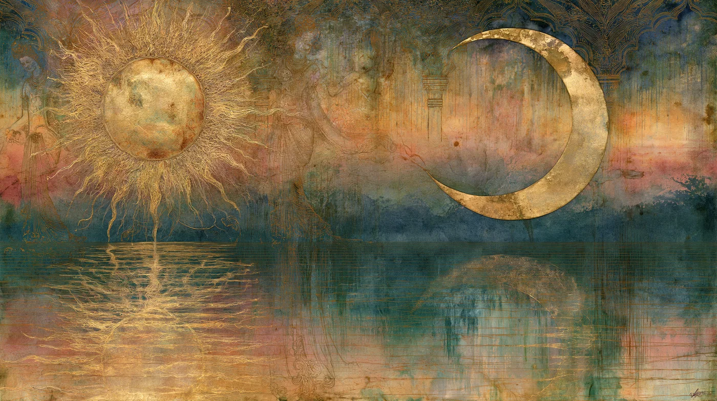 A watercolour-and-gold celestial scene with a radiant sun on the left and a gold crescent moon on the right above still water.