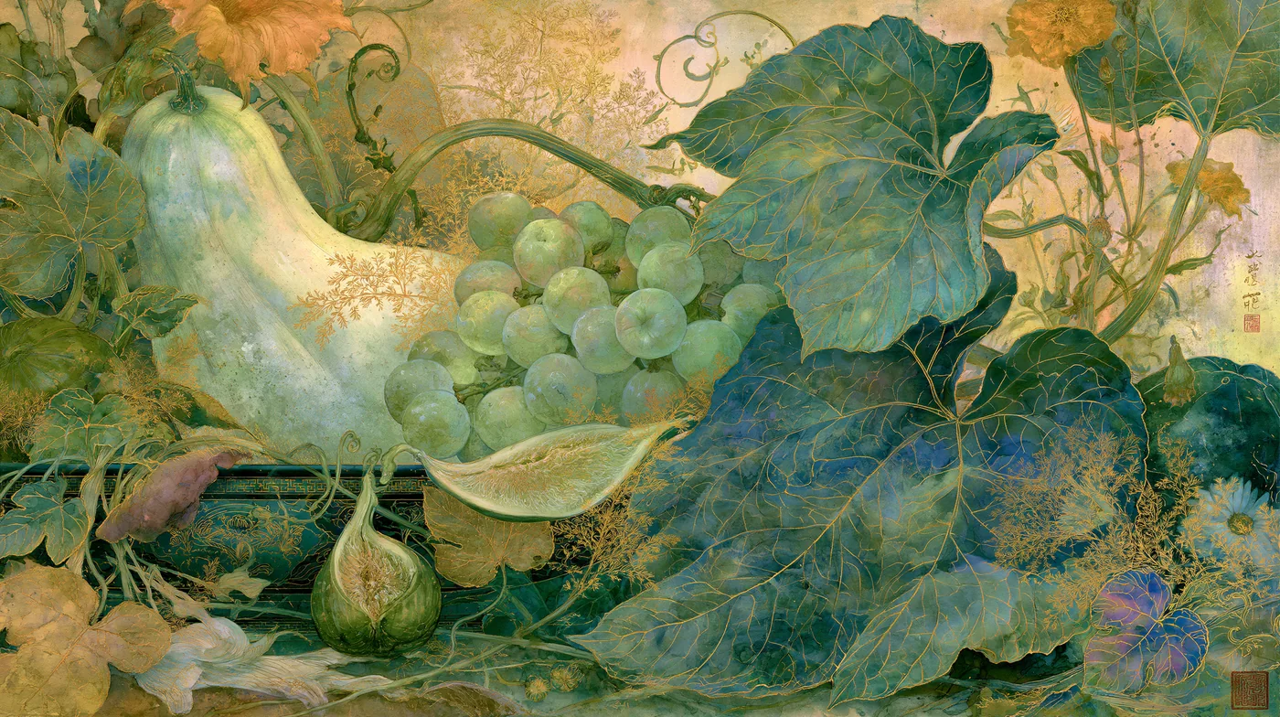 A gold-and-indigo botanical study of cooling summer foods — gourd, leaves, grapes, fig and fine herbs.