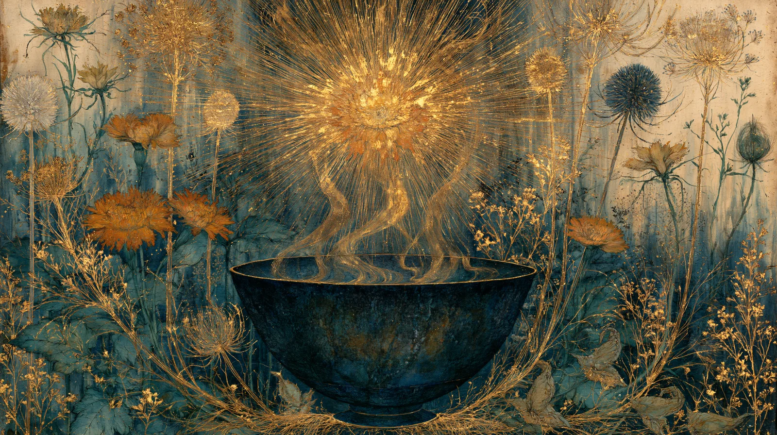 An antique botanical illustration: a dark steaming bowl beneath a golden sun, surrounded by fine gold-and-ink summer herbs against a muted indigo watercolour ground.
